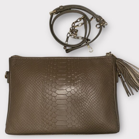 GiGi New York Hailey Crossbody Bag Taupe Python Embossed Leather Tassel Clutch - Picture 5 of 9